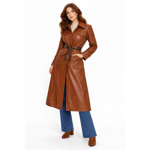 Vintage 1970s AMEREX Tannery Collection Brown Vinyl Trench Coat Quilted Size 14